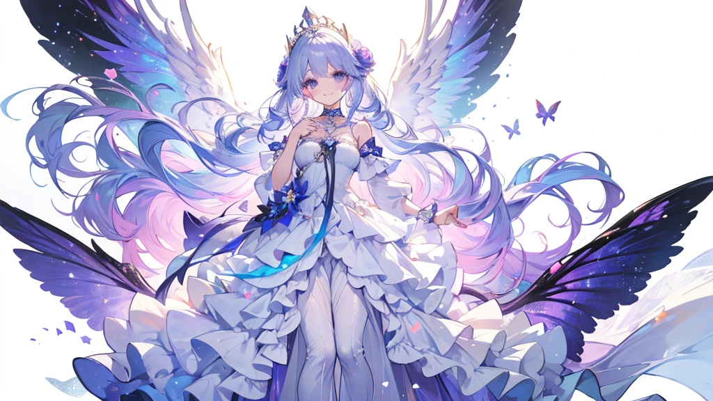 Highest quality, Very detailed, beautiful, Exquisite, 16K, Full HD, Absurd,(White Background:1.5),Soft look,((A light smile,Happy:1.5)),((Sparkling fluffy layered ball gown)),A large and beautiful dress inspired by rose flowers, Hanabubuki,Lots of flowers、Surrounded by flowers,Frills、Rhinestones are adorned、Intricately wavy ball gown ( Tabletop, Art Station, Fantasy art:1.2), Have a look at this,Standing with a graceful smile，pastel colour,((Giant white fairy wings))、Gradient Hair, Light blue hair, Hair blowing in the wind, Wavy Hair,Fluffy hair,tiara,anklet,Lavender eyes, Long eyelashes, beautiful purple eyes,Light pink cheeks,Pointed Ears, Bright Eyes, Golden Hour, Dazzling Light, Warm lighting,