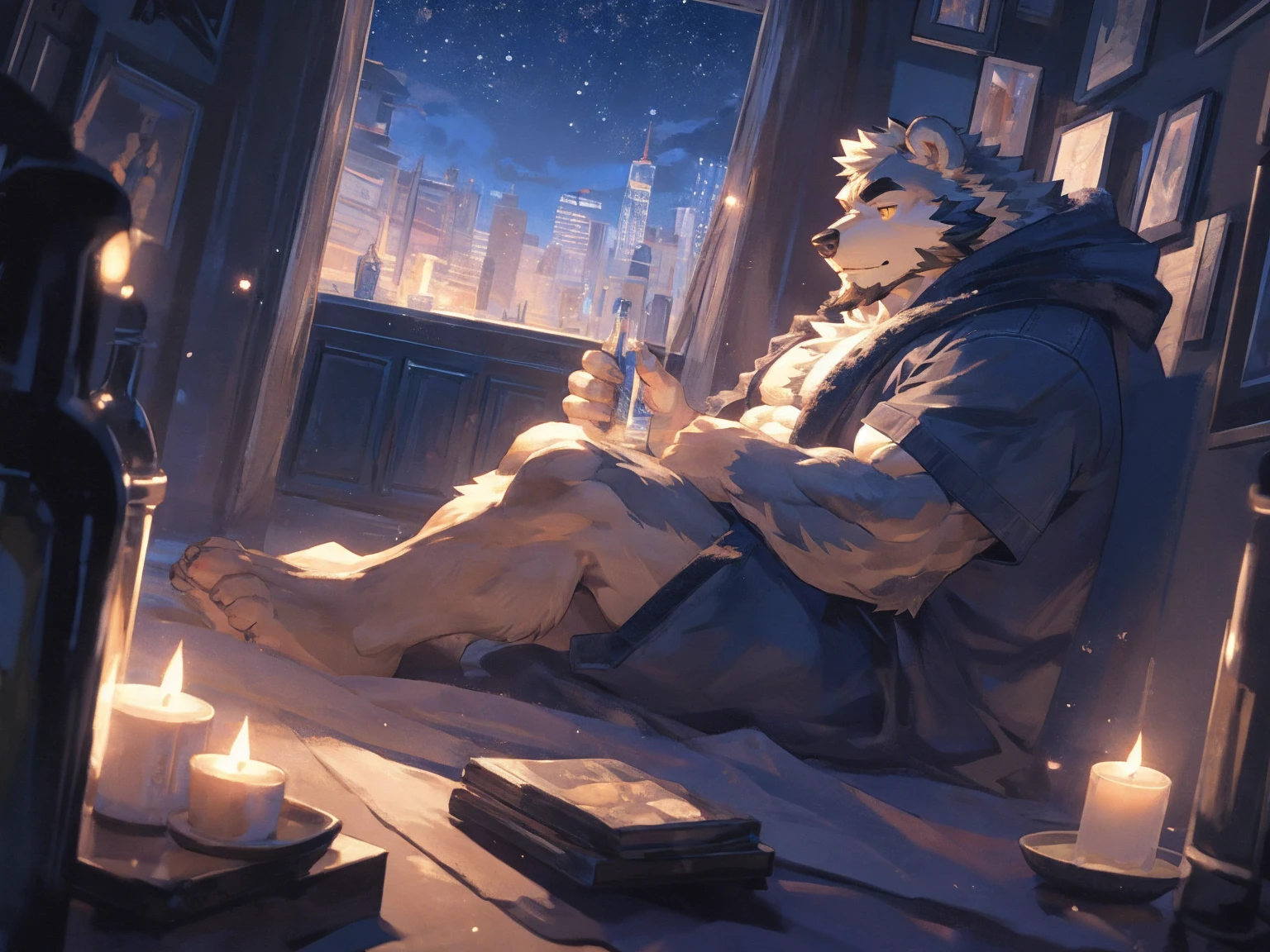 (masterpiece:1.2), best quality,pixiv,official art,perfect anatomy, (Ray tracing, light),solo, (1_male:1.3) , (muscle), (grey fur:1.4), (muscle bear), (beard:1.2), (gleaming golden eyes), bear tail, Thick black eyebrows,(black bathrobe), (naked inside), jeans, barefoot, A skyline at night, with twinkling stars and a bright Milky Way. character is sleeping in the bed with a blanket