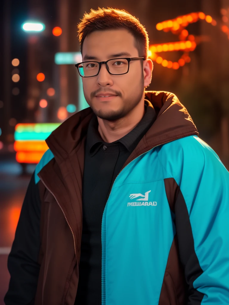 An award-winning original photo，a handsome 38-year-old man, crew cut, (((full body))), (((landscape))), mature man, [slightly fat], asian man, brown eyes, rounded face, glasses, slightly balding, 1boy, Solo, (big shoulders), (((stubbles, Short beard))), (((full beard))), (Beautiful eyes:1.3), (Detailed face:1.3), (Absurdres, Intricate Details, Masterpiece, Best Quality, High Resolution, 8k), 1 male, swedish, mature, aged up, handsome, finely detailed eyes and face, brown quiff hair, teal eyes, looking at viewer, solo, (full body:0.6), detailed background, detailed face, (CircuitBoardAI, electronic theme:1.1) evil high-tech futuristic hacker, smirk, advanced technology, hoodie, techwear,  keycard, cables,   (holographic display:1.05), error message,  computer, password, server room in background, orange lights, cyber-warfare, dark sinister atmosphere,  Depth of Field, VFX.