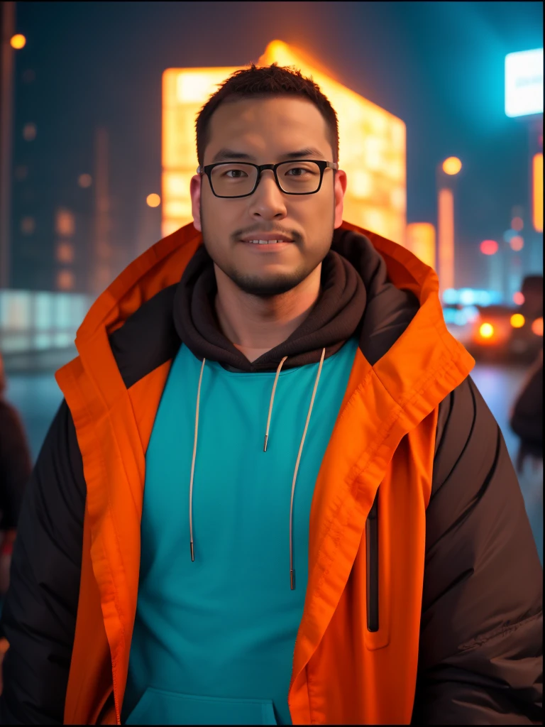 An award-winning original photo，a handsome 38-year-old man, crew cut, (((full body))), (((landscape))), mature man, [slightly fat], asian man, brown eyes, rounded face, glasses, slightly balding, 1boy, Solo, (big shoulders), (((stubbles, Short beard))), (((full beard))), (Beautiful eyes:1.3), (Detailed face:1.3), (Absurdres, Intricate Details, Masterpiece, Best Quality, High Resolution, 8k), 1 male, swedish, mature, aged up, handsome, finely detailed eyes and face, brown quiff hair, teal eyes, looking at viewer, solo, (full body:0.6), detailed background, detailed face, (CircuitBoardAI, electronic theme:1.1) evil high-tech futuristic hacker, smirk, advanced technology, hoodie, techwear,  keycard, cables,   (holographic display:1.05), error message,  computer, password, server room in background, orange lights, cyber-warfare, dark sinister atmosphere,  Depth of Field, VFX.