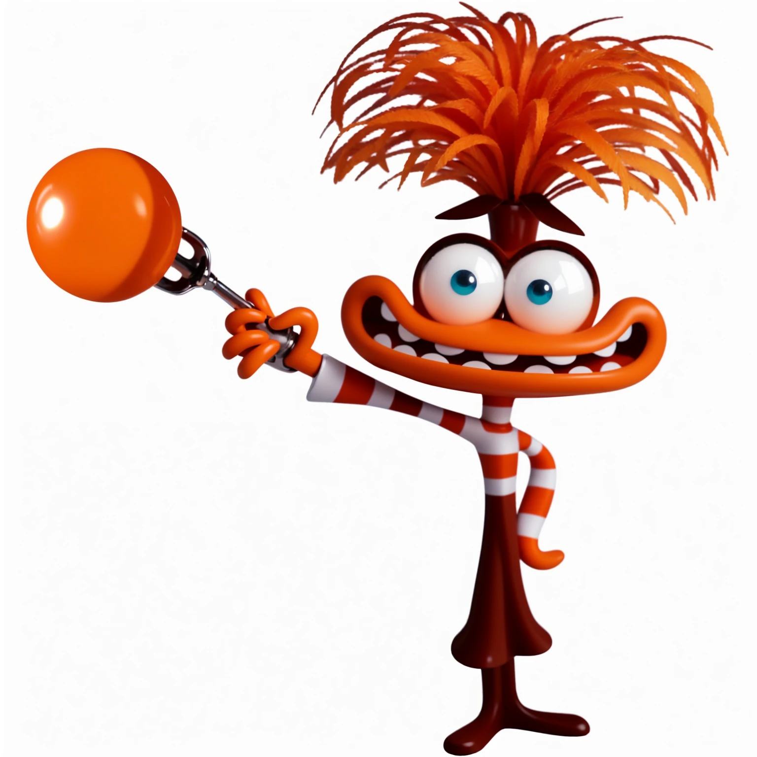 ORANGE CHARACTER. WEARING A STRIPED VEST AND BROWN PANTS. HOLDING A FILE WITH AN ORANGE BALL. glossy texture, smooth 3d model, multiple light sources, rim light, sharp post effects render, (glossy plastic texture with multiple big light probe refractions), perfect cgi, smooth silhouette, high intensity refraction, (super glossy material), most beautiful vfx, blue background, plastic refractions, realistic, 4k, high resolution, rim light, photo shoot, commercial photo, profile shot, 4k, rim light, high resolution, 4k, glossy texture, smooth 3d model, multiple light sources, rim light, sharp post effects render, (glossy metallic texture with multiple big light probe refractions), perfect cgi, cgi art created only with gradients, smooth silhouette, high intensity refraction, (super glossy chrome material), most beautiful vfx, blue background, chrome metal refractions, multiple light sources, rim light, sharp post effects render, perfect cgi, digital art, detailed digital art, reflective, best quality, 4k, masterpiece:1.2, ultra-detailed, realistic, vivid colors, dark and moody lighting, The image of the highest quality, ensuring every detail showcased perfectly. It in 4k resolution, allowing viewers to immerse themselves in the richness of the colors and intricate details. The realistic rendering. under the spotlight, reflecting, high-resolution image, realistic rendering, dark background, and rim light photorealistic