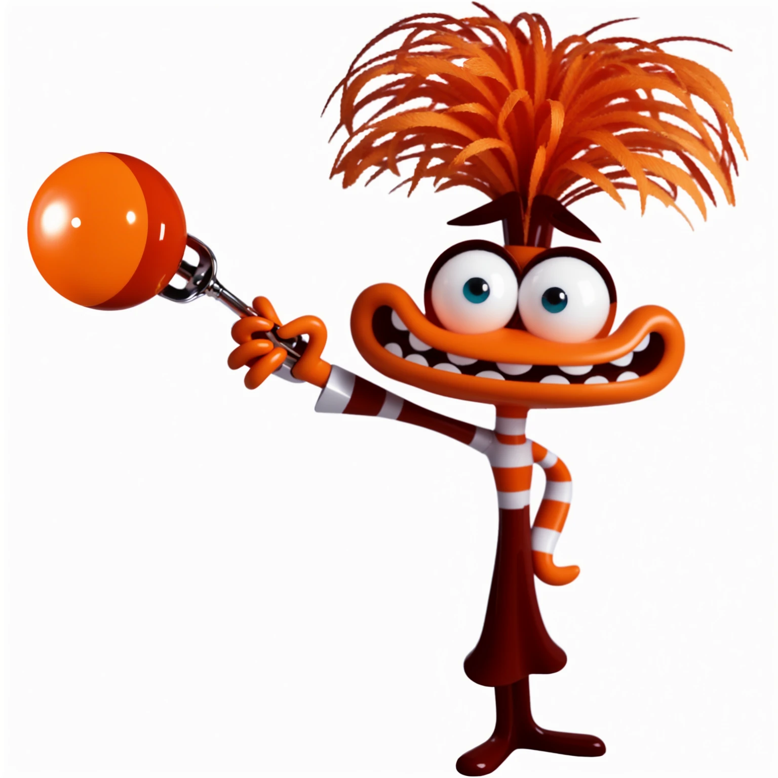 ORANGE CHARACTER. WEARING A STRIPED VEST AND BROWN PANTS. HOLDING A FILE WITH AN ORANGE BALL. glossy texture, smooth 3d model, multiple light sources, rim light, sharp post effects render, (glossy plastic texture with multiple big light probe refractions), perfect cgi, smooth silhouette, high intensity refraction, (super glossy material), most beautiful vfx, blue background, plastic refractions, realistic, 4k, high resolution, rim light, photo shoot, commercial photo, profile shot, 4k, rim light, high resolution, 4k, glossy texture, smooth 3d model, multiple light sources, rim light, sharp post effects render, (glossy metallic texture with multiple big light probe refractions), perfect cgi, cgi art created only with gradients, smooth silhouette, high intensity refraction, (super glossy chrome material), most beautiful vfx, blue background, chrome metal refractions, multiple light sources, rim light, sharp post effects render, perfect cgi, digital art, detailed digital art, reflective, best quality, 4k, masterpiece:1.2, ultra-detailed, realistic, vivid colors, dark and moody lighting, The image of the highest quality, ensuring every detail showcased perfectly. It in 4k resolution, allowing viewers to immerse themselves in the richness of the colors and intricate details. The realistic rendering. under the spotlight, reflecting, high-resolution image, realistic rendering, dark background, and rim light photorealistic