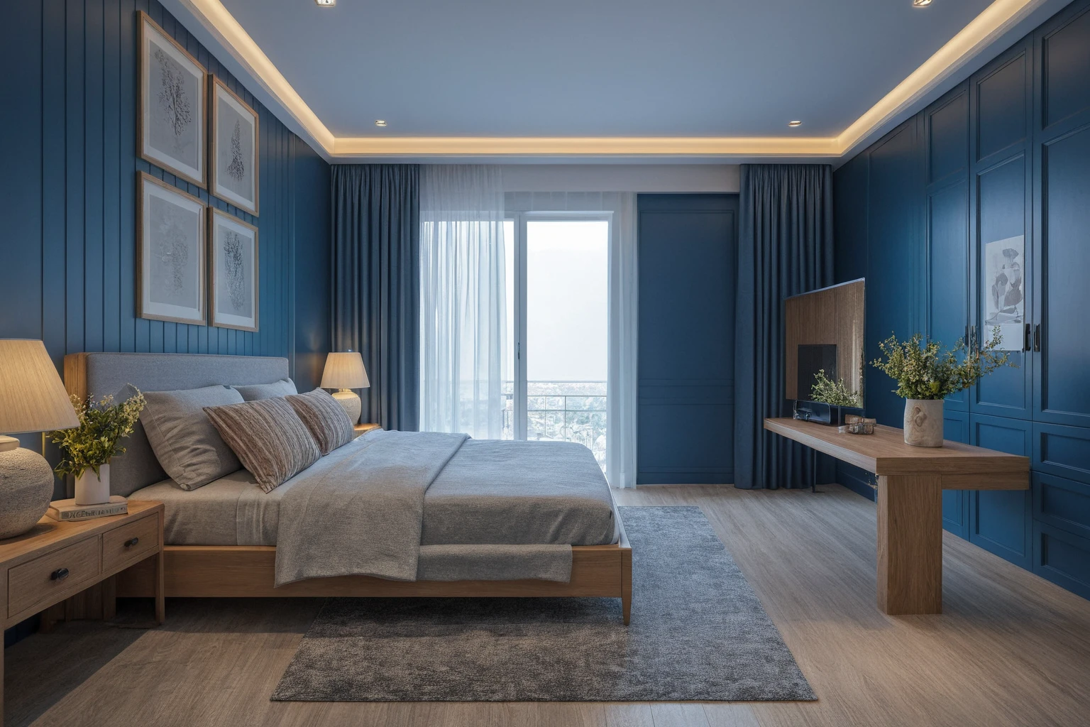 Raw photo,Masterpiece, high quality, tone blue, wall deco decorations, best quality, authentic, super detail, interior, indoors, bedroom style modern , (daylight:1.1), vivid colour, (realistic:1.2).