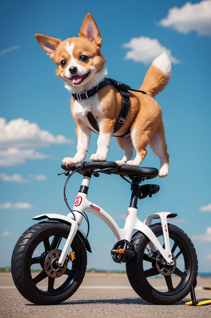 The very cute little furry dog on top of an electric unicycle in the year 3000