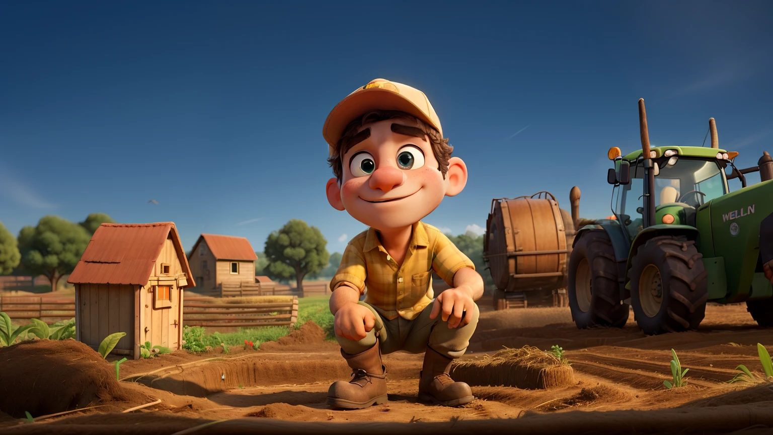 a hardworking farmer, digging in his field, discovering a shiny gold coin that reflects in his eyes with a look of surprise and wonder