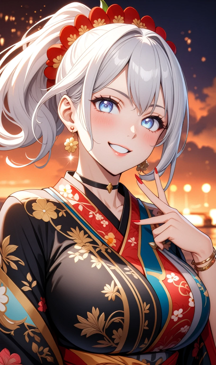 ((One personの女性)), Beautiful Face, ((frown)), (head tilt), ((Wink:1.7)), Laugh with your mouth wide open,((Bright red cheeks:1.4)),Shiny red lips,night,coastal,You can see the ocean, firework,Laughing with your mouth open,Glossy pink lips,Facial lighting,((Anime style background)),masterpiece, Highest quality, so beautiful,up to date, Complex details, (Pink long nails), (4fingers and 1thumbs), (ring),(bracelet),(choker),AI-generated, Complex,High resolution, Highest quality, super high quality,3D Images、3D Images,One person,Long white hair,High Ponytail,(blue eyes),Anime woman posing for a photo, ((Fine grain、Silvery white colorful eyes、Shining Eyes:1.3)),(Squint your eyes:1.1),a hyperRealistic , hyperRealistic , Realistic,Anime woman with long white hair, Smooth anime CG art, A woman in a colorful kimono with gold embroidery, (Black long sleeve kimono),Red floral pattern,Long flower hair ornament,Earrings,Mature Body,(Big Breasts:1.1),Tall,Abdominal muscles,Narrow waist,(Zoom up to face:1.6),(front view),