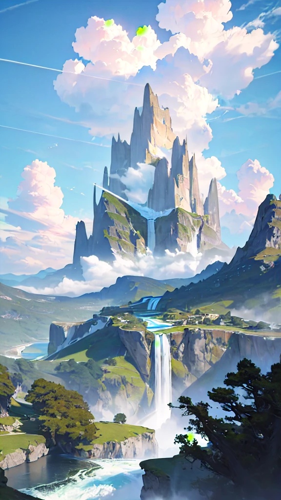 masterpiece, best quality, high quality, extremely detailed CG unity 8k wallpaper, scenery, outdoors, sky, cloud, day, no humans, mountain, landscape, water, tree, blue sky, waterfall, cliff, nature, lake, river, cloudy sky,award winning photography, Bokeh, Depth of Field, HDR, bloom, Chromatic Aberration ,Photorealistic,extremely detailed, trending on artstation, trending on CGsociety, Intricate, High Detail, dramatic, art by midjourney