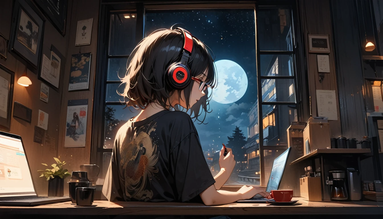 (((from behind))), ((8k of extremely detailed CG unit, Masterpiece, high resolution, highest quality, highest quality real texture skin)), (((indirect lighting))), (((Cafe with a calm atmosphere))), (((Big window with night sky))), (((Japanese style headphones,Glasses))), ((1One Coffee)), ((1 girl)), ((laptop)), (Japanese pattern T-shirt, denim), (Black hair, messy hair, beige skin), (surreal, digital painting)
