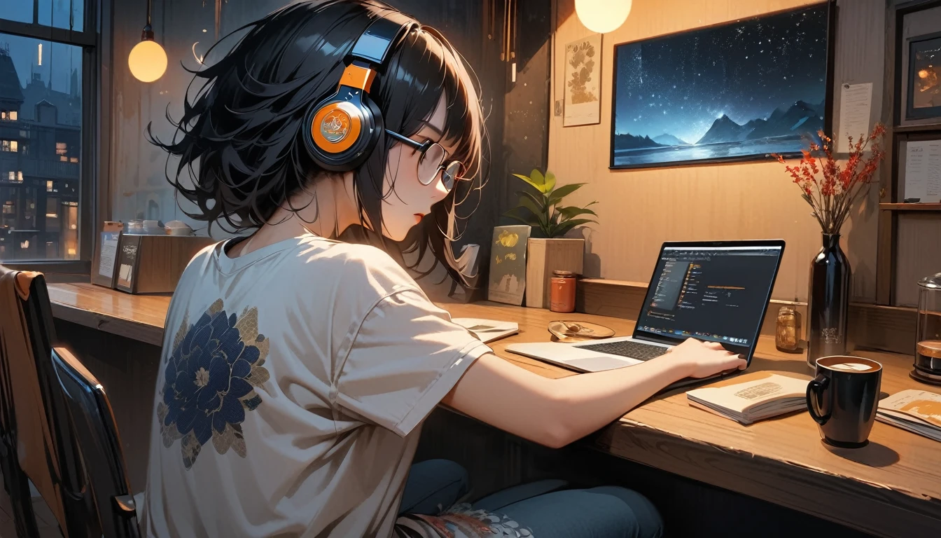 (((from behind))), ((8k of extremely detailed CG unit, Masterpiece, high resolution, highest quality, highest quality real texture skin)), (((indirect lighting))),  (((Cafe with a calm atmosphere))), (((Big window with night sky))), (((Japanese style headphones,Glasses))), ((１One Coffee)),  ((1 girl)), ((laptop)), (Japanese pattern T-shirt, denim), (Black hair, messy hair, beige skin), (surreal, digital painting)