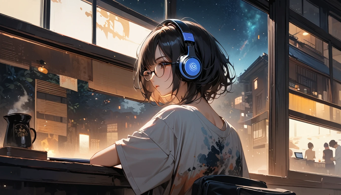 (((from behind))), ((8k of extremely detailed CG unit, Masterpiece, high resolution, highest quality, highest quality real texture skin)), (((indirect lighting))), (((Cafe with a calm atmosphere))), (((Big window with night sky))), (((Japanese style headphones,Glasses))), ((1One Coffee)), ((1 girl)), ((laptop)), (Japanese pattern T-shirt, denim), (Black hair, messy hair, beige skin), (surreal, digital painting)