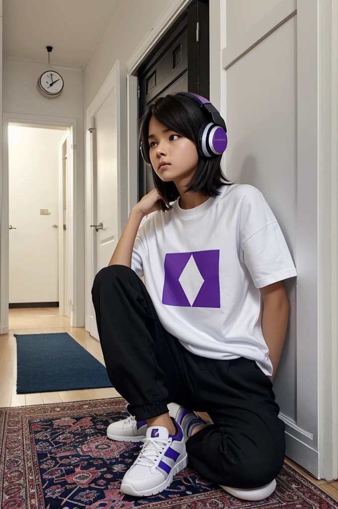 Draw a tomboyish girl with an angular face, shoulder length hair, Wear headphones (headphone) black, Black shirt with small pink logo on the left of the word RAW, black trousers with many box-shaped pockets, Dark blue sneakers with blue and purple stripes near the sole ( white sole ). Đang ngồi ở hành lang, in a dormitory, in front of the white room door, Underneath is a carpet with words written on it "Welcome"