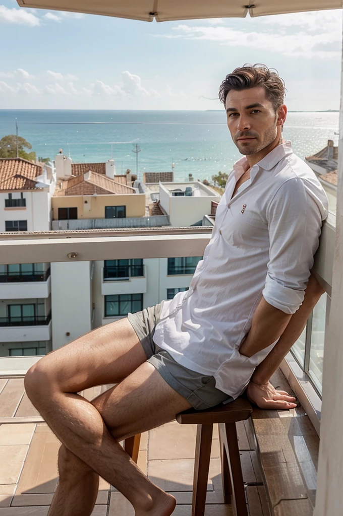 masculine man sitting on the balcony in casual clothes enjoying coffee with a view of the sea and swimming pool