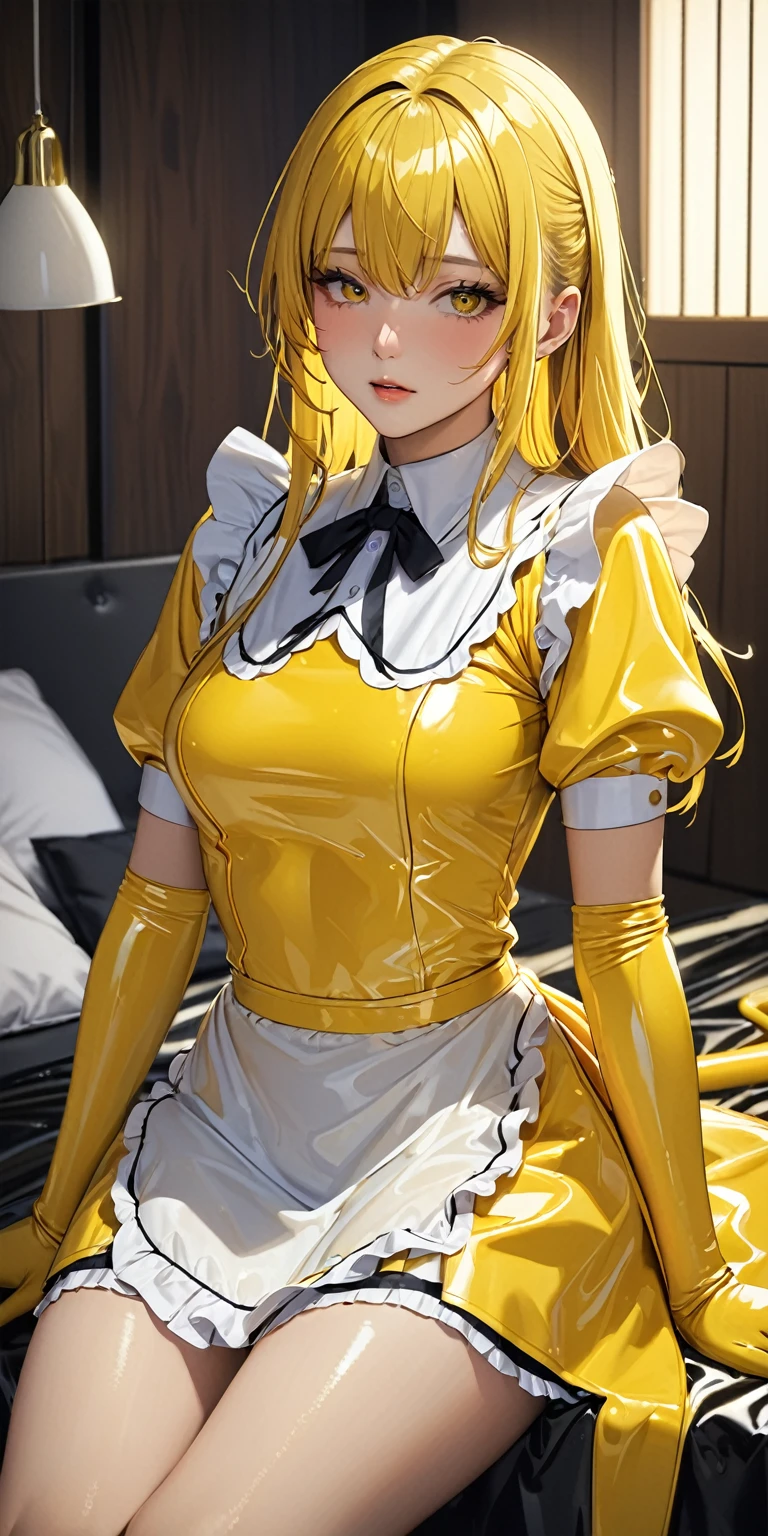 (masterpiece,Highest quality,Ultra-high resolution),Japanese women, (((Very beautiful 25 year old girl))),(Yellow latex maid outfit)、Long skirt、(Yellow latex long sleeve shirt)、Yellow latex long gloves、Yellow latex socks、The clothes fit snugly around the body、Latex is very shiny、Dark Room