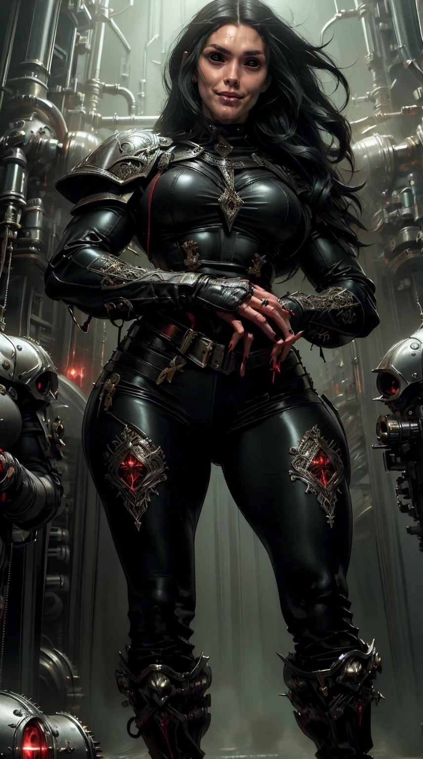 (((megan fox))), (masterpiece:1.1), (best quality:1.1), ((full body view:1.25)), (ornate:1.1), (red and black coloring:1.26), BREAK, (horror:1.0), (esoteric:1.1), (solo:1.4), (dynamic angle:1.0), (cowboy shot:1.0), (woman:1.1),(very muscular bodybuilder girl:1.25), (huge upper body:1.25), (narrow hips:1.0), long hair, (gothic intricate vampiric armor:1.25), (gauntlets:1.0), (shoulder armor:1.1), ((tarot style frame:1.25)), (glowing red eyes:1.25), (huge muscular arms:1.5,) thin legs, Realistic, Very detailed face and eyes, masterpiece