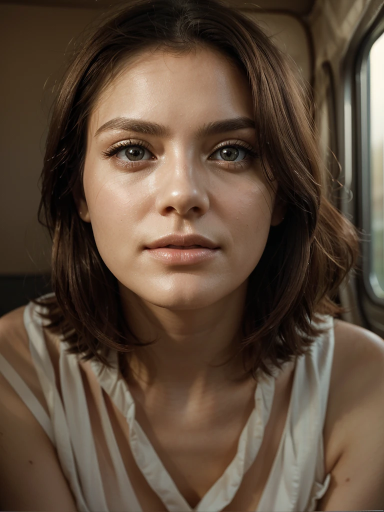 (Best quality, Ultra detailed, Golden ratio, Masterpiece:1.2), Theatrical lighting:0.7, Photo of a woman, dressed in a very elegant and pretty dress, Perfect rare face, (Highly detailed skin), randomly dyed hair, Hide your mouth with your hands、Ridicule, skin texture, Pale skin, shiny skin, (thin, large size:1.2), [:(Sharp focus on rare face, perfect eyes:1.2):0.2], photorealistic, film grain, Put one foot forward、from below looking up、look at camera、Emphasize the shoulders, Focus on face、Stockings、glasses、Smile with corners of mouth raised、disdainful expression, summer haze, muted colors, muted warm colors, Photo cinematic portrait of a woman dressed in a striped dress sitting by the window in the early morning, cinematic, (tilted:1.3) (on an old train) look cautious, standing under a spotlight, volumetric dust clouds, key light, backlight, soft natural lighting, photography Film grain ISO 400 30 mm lens RAW f1.8 aperture, highly detailed (analog photography:1), colors hdr