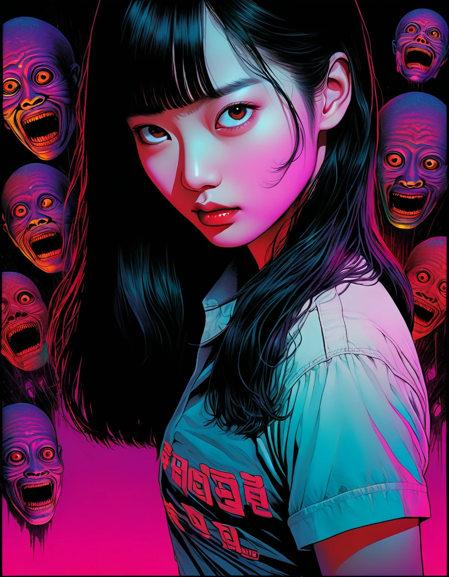 An illustration、art、80s Thai horror movie poster, Supervised by Junji Ito、High detail, Realistic shadows、Analog Style, chromatic aberration, Surrealism、Complementary Gradient