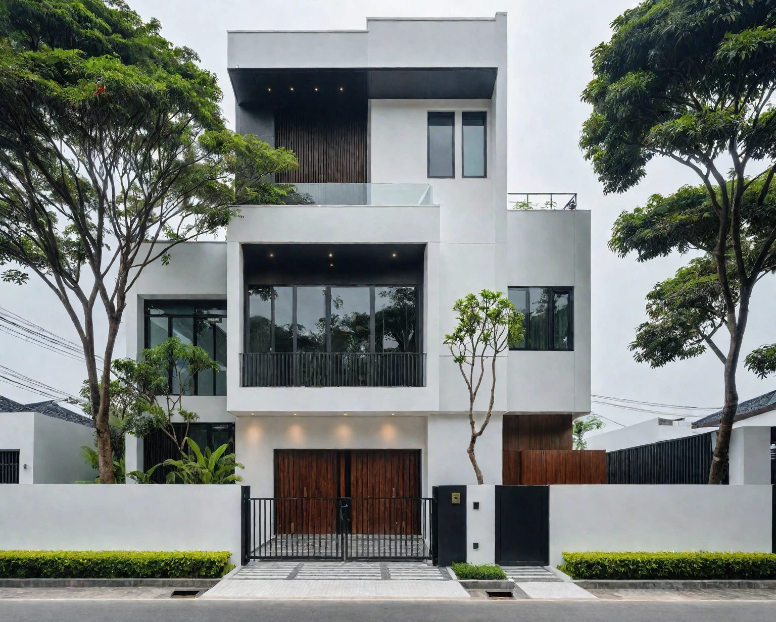 RAW photo, a photo of a modern villa, sidewalk, sidewalk trees, steel gate, road, viet nam modern residence, a car parked in front of it, rough white wall, new residential area, wide angle exterior 2022, contemporary house, exterior photography, masterpiece, contemporary architecture, overcast, indirect lighting