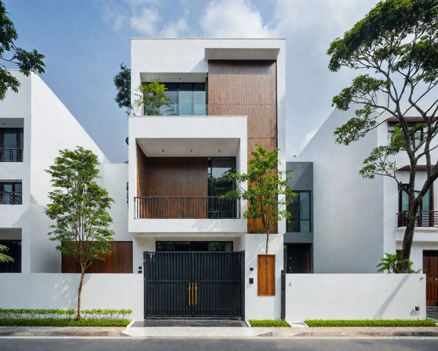 RAW photo, a photo of a modern villa, sidewalk, sidewalk trees, steel gate, road, viet nam modern residence, a car parked in front of it, rough white wall, new residential area, wide angle exterior 2022, contemporary house, exterior photography, masterpiece, contemporary architecture, overcast, indirect lighting