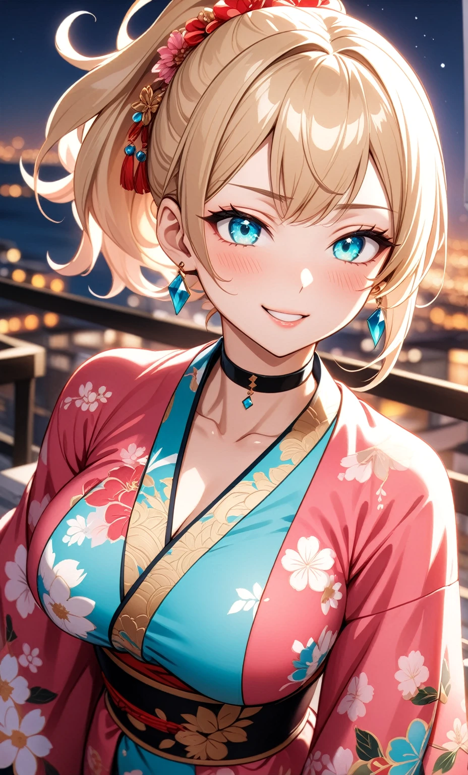 ((One personの女性)), Beautiful Face, ((frown)),((Wink:1.6)), head tilt, Laugh with your mouth wide open,((Bright red cheeks:1.4)),Shiny red lips,night,rooftop,You can see the ocean, firework,Laughing with your mouth open,Glossy pink lips,Facial lighting,((Anime style background)),masterpiece, Highest quality, so beautiful,up to date, Complex details, (Pink long nails),(ring),(bracelet),(choker),AI-generated, Complex,High resolution, Highest quality, super high quality,3D Images、3D Images,One person,Long blonde hair,High Ponytail,(turquoise blue eyes),Anime woman posing for a photo, ((Fine grain、Colorful eyes、Shining Eyes:1.3)),(Squint your eyes:1.1),a hyperRealistic , hyperRealistic , Realistic,Anime woman with long white hair, Smooth anime CG art, A woman in a colorful kimono with gold embroidery, (Pink long sleeve kimono),Red floral pattern,Long flower hair ornament,Earrings,Mature Body,(Big Breasts:1.1),Tall,Abdominal muscles,Tight waist,(Zoom up to face:1.6),(dutch angle),(front view),
