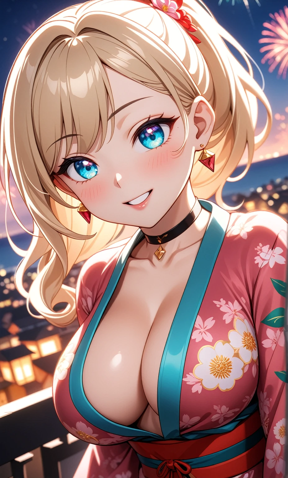 ((One personの女性)), Beautiful Face, ((frown)),((Wink:1.6)), head tilt, Laugh with your mouth wide open,((Bright red cheeks:1.4)),Shiny red lips,night,rooftop,You can see the ocean, firework,Laughing with your mouth open,Glossy pink lips,Facial lighting,((Anime style background)),masterpiece, Highest quality, so beautiful,up to date, Complex details, (Pink long nails),(ring),(bracelet),(choker),AI-generated, Complex,High resolution, Highest quality, super high quality,3D Images、3D Images,One person,Long blonde hair,High Ponytail,(turquoise blue eyes),Anime woman posing for a photo, ((Fine grain、Colorful eyes、Shining Eyes:1.3)),(Squint your eyes:1.1),a hyperRealistic , hyperRealistic , Realistic,Anime woman with long white hair, Smooth anime CG art, A woman in a colorful kimono with gold embroidery, (Pink long sleeve kimono),Red floral pattern,Long flower hair ornament,Earrings,Mature Body,(Big Breasts:1.1),Tall,Abdominal muscles,Tight waist,(Zoom up to face:1.6),(dutch angle),(front view),