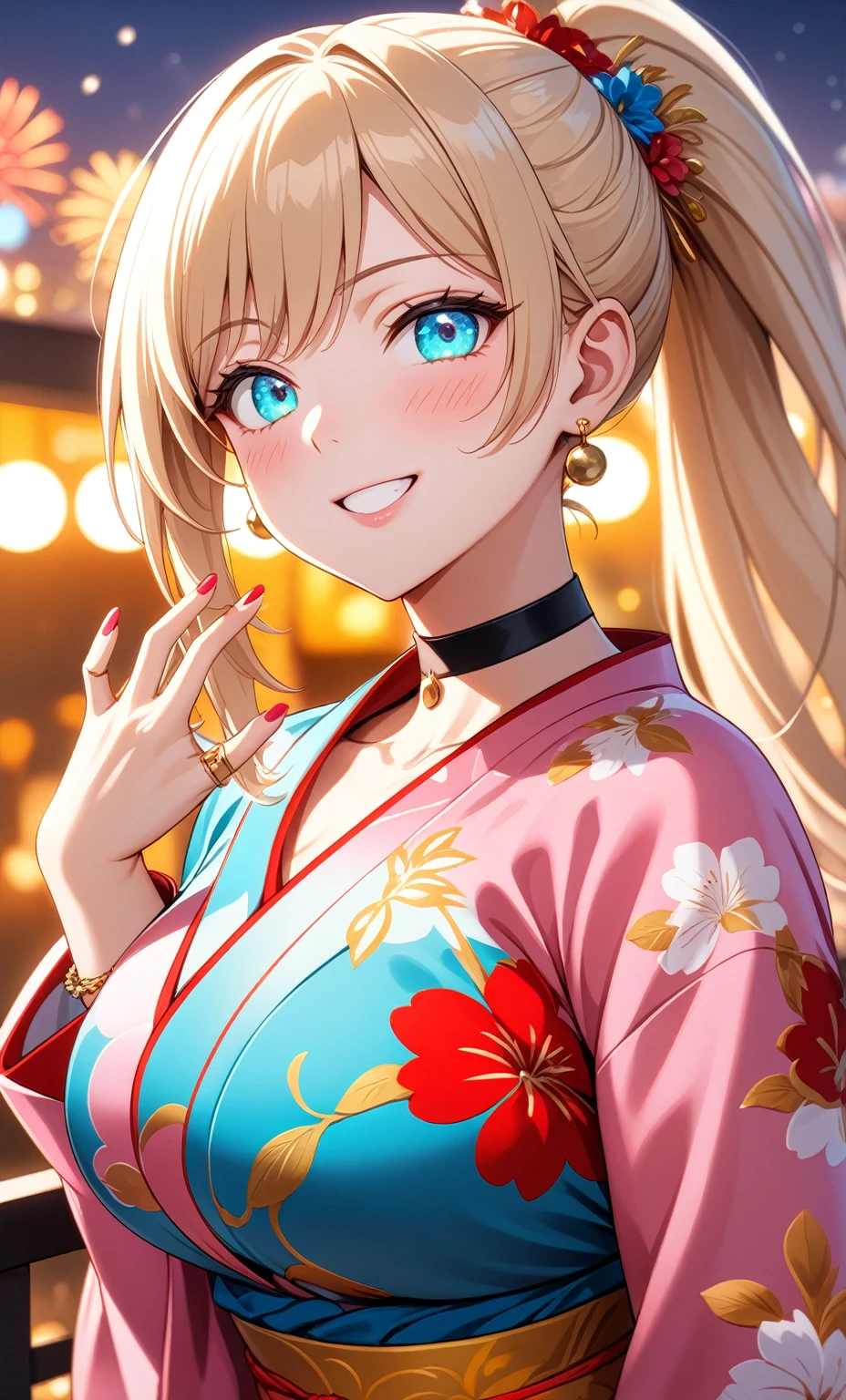 ((One personの女性)), Beautiful Face, ((frown)),((Wink:1.6)), head tilt, Laugh with your mouth wide open,((Bright red cheeks:1.4)),Shiny red lips,night,rooftop,You can see the ocean, firework,Laughing with your mouth open,Glossy pink lips,Facial lighting,((Anime style background)),masterpiece, Highest quality, so beautiful,up to date, Complex details, (Pink long nails),(ring),(bracelet),(choker),AI-generated, Complex,High resolution, Highest quality, super high quality,3D Images、3D Images,One person,Long blonde hair,High Ponytail,(turquoise blue eyes),Anime woman posing for a photo, ((Fine grain、Colorful eyes、Shining Eyes:1.3)),(Squint your eyes:1.1),a hyperRealistic , hyperRealistic , Realistic,Anime woman with long white hair, Smooth anime CG art, A woman in a colorful kimono with gold embroidery, (Pink long sleeve kimono),Red floral pattern,Long flower hair ornament,Earrings,Mature Body,(Big Breasts:1.1),Tall,Abdominal muscles,Tight waist,(Zoom up to face:1.6),(dutch angle),(front view),