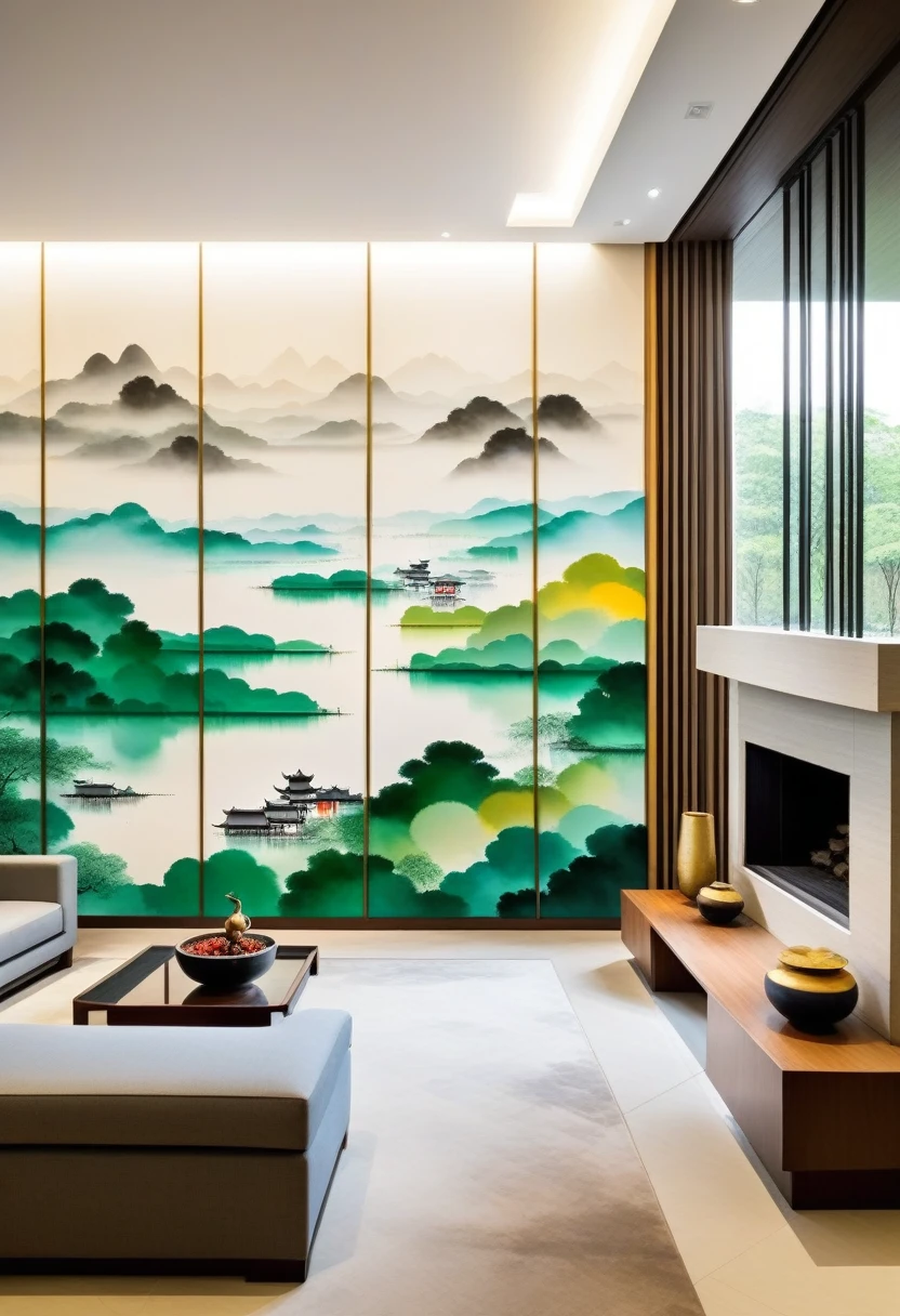 decorative painting in living room：geometric abstract ink，Describe Jiangnan Landscape Architecture Complex，Wu Guanzhong&#39;s style is an artistic expression that combines traditional Chinese ink techniques with Western painting concepts... It is characterized by a modern interpretation of a traditional theme.., Creates unique visual effects through color and lines..