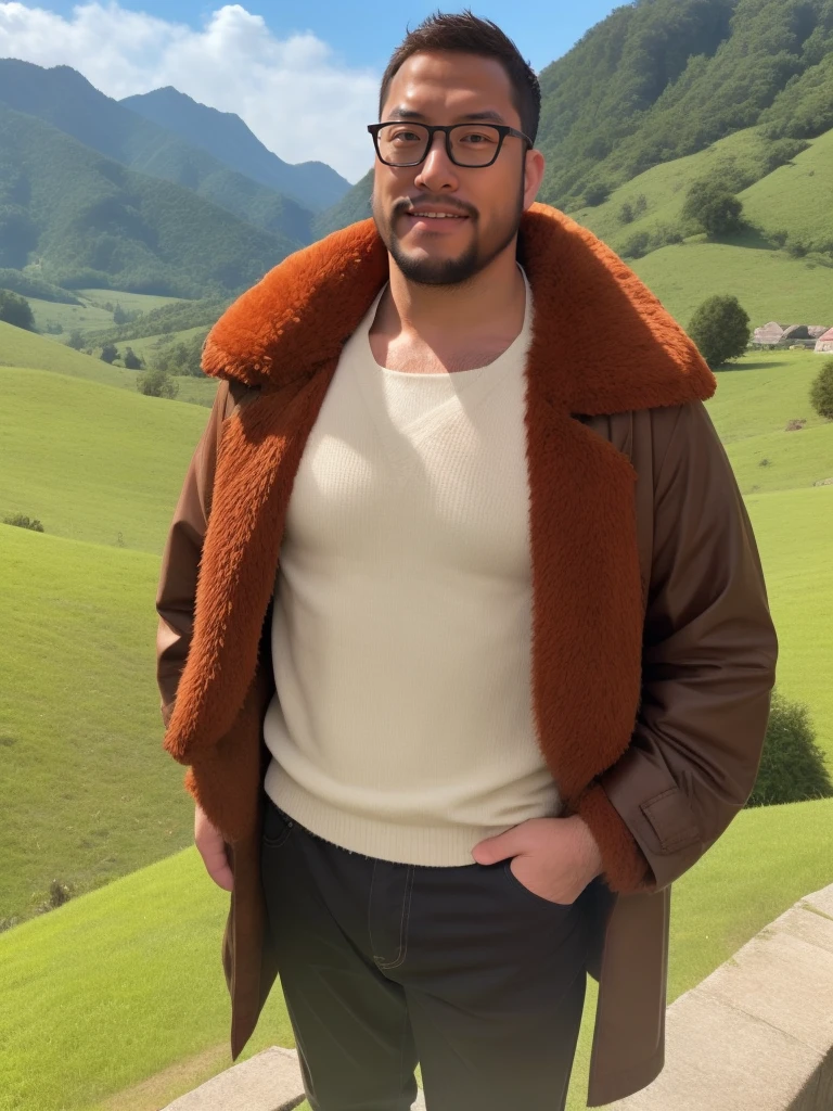 An award-winning original photo，a handsome 38-year-old man, crew cut, (((full body))), (((landscape))), mature man, [slightly fat], asian man, brown eyes, rounded face, glasses, slightly balding, 1boy, Solo, (big shoulders), (((stubbles, Short beard))), (((full beard))), (Beautiful eyes:1.3), (Detailed face:1.3), male santa, pectorals, facial hair, solo, 1boy, male focus, bara, muscular male, beard, chest hair, red pants, mature male, large pectorals, short hair, abs, santa costume, white hair, navel hair, nipples, pants, mustache, christmas, bare pectorals, navel, fur trim, gloves, looking at viewer, open clothes, stomach, old man, fur-trimmed jacket