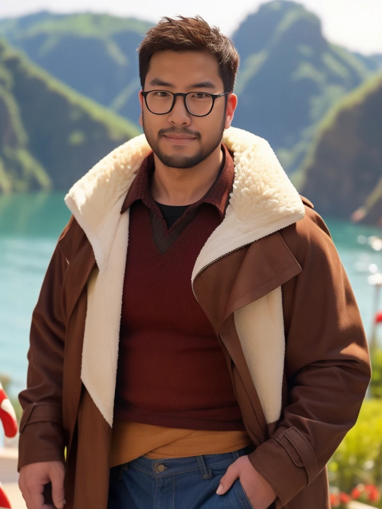 An award-winning original photo，a handsome 38-year-old man, crew cut, (((full body))), (((landscape))), mature man, [slightly fat], asian man, brown eyes, rounded face, glasses, slightly balding, 1boy, Solo, (big shoulders), (((stubbles, Short beard))), (((full beard))), (Beautiful eyes:1.3), (Detailed face:1.3), male santa, pectorals, facial hair, solo, 1boy, male focus, bara, muscular male, beard, chest hair, red pants, mature male, large pectorals, short hair, abs, santa costume, white hair, navel hair, nipples, pants, mustache, christmas, bare pectorals, navel, fur trim, gloves, looking at viewer, open clothes, stomach, old man, fur-trimmed jacket