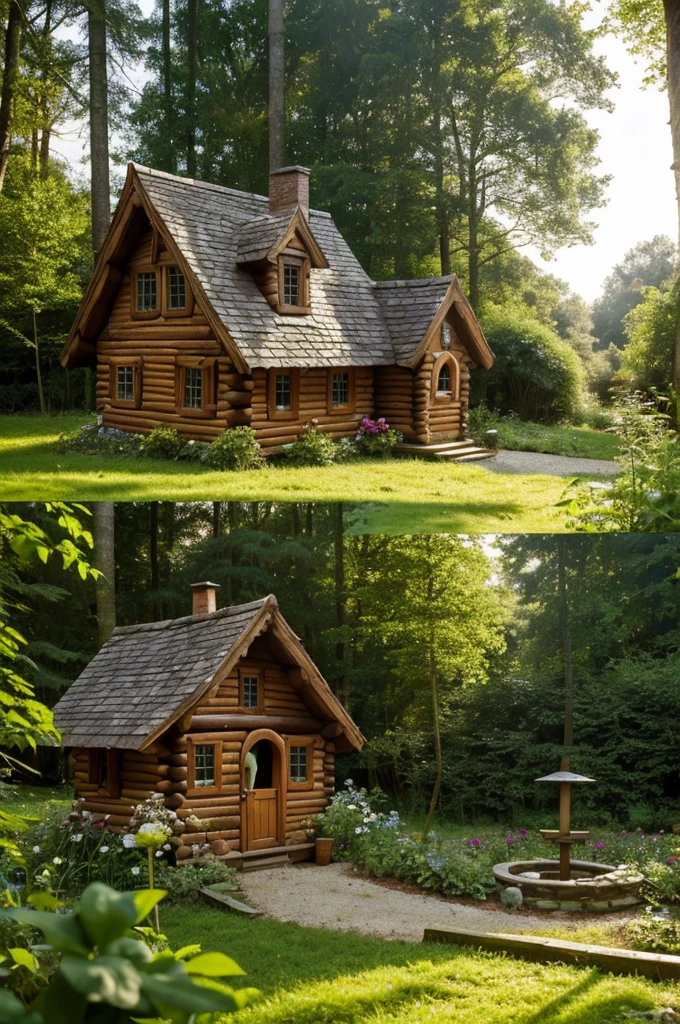 In a dense forest there is a fairy-tale house made of porcini mushroom in a cartoon style.. To the right of the house there is a small vegetable garden, and on the left is a well. The house window is open, and the curtains flutter in the wind. A clear sunny day illuminates this magical scene.