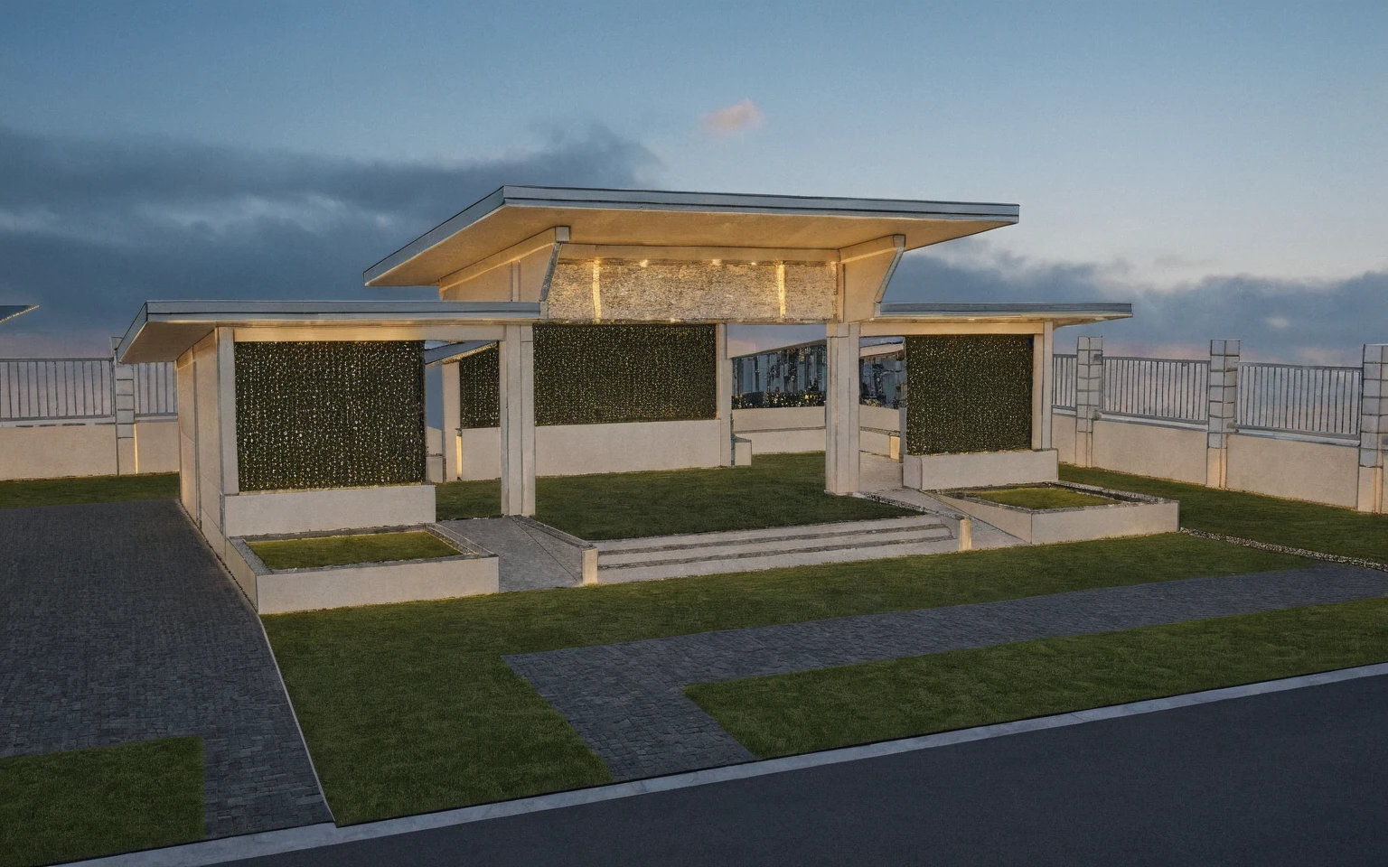 Masterpiece, high quality, best quality, authentic, super detail, outdoors, huts style neoclassic, bietthuhn, white wall, gate road, pavement, grass, trees, blue sky, sunset, cloud, (day:1.1), realistic lighting