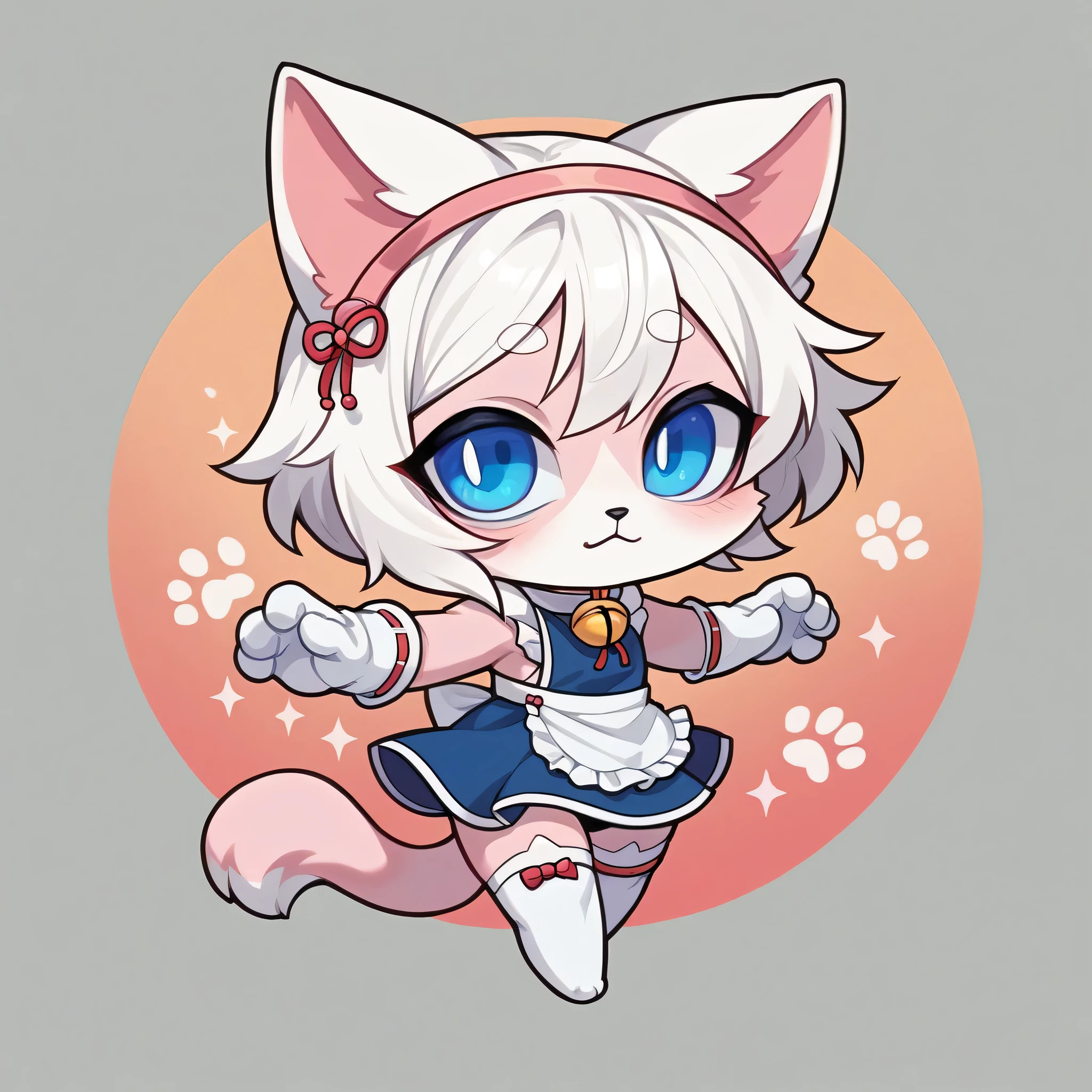 work of art, perfect, highy detailed, (small hibryd anthro cat femboy), fluffy black fur, ((blue colored eyes)), ((1))rabo de gato fluffly, short white hair, tiny chest, (PINK CAT Ears), Wearing a white collar, short maid dress, White silk gloves, silk white thigh socks, wearing a black muzzle, True muzzle, god of eyes, niji, god of eyes, niji,blue colored eyes, fluffly, chibi
