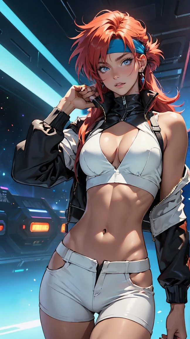 ((Masterpiece, highest quality; 1.3)), super quality, beautiful detail, super detailed, extra fine, 16K, exquisite, absurd, high resolution, beautiful background, detailed background, beautiful eyes, beautiful skin, anime style, Kay from Dirty Pair in a white outfit, tight outfit, cleavage, bushy redhead beauty, very light blue uniform, wearing tight clothes, skimpy, (mid chest: 1.2), cleavage, cleavage, slim waist , thin waist, slim thighs, thin legs, slim legs. thigh gap, showing stomach, skinny, thin hips, cyberpunk city background, holding retro space gun , headband,