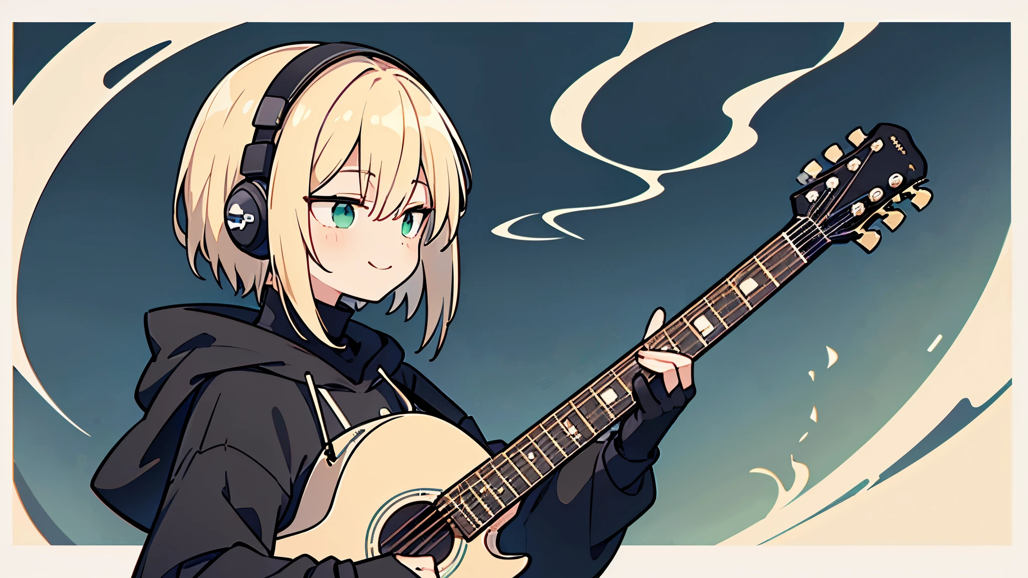 ((highest quality)), ((masterpiece)), (be familiar with), (Playing guitar in the studio)short hair、perfect face,white half-up hair,green mesh blonde、Smoke a cigarette、cool black hoodie,headphones,black gloves,turtleneck,alone,İcon、profile、Right beside、Expressionless、smile、Light-colored clothing