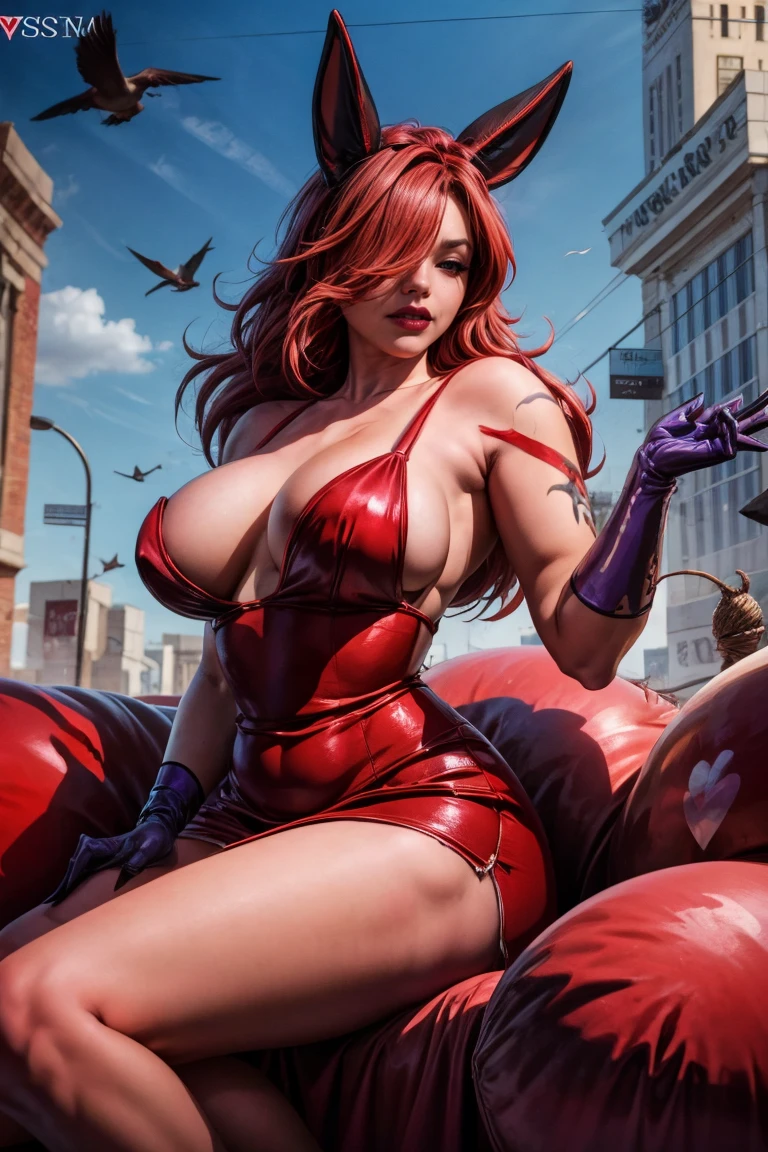 Jessica Rabbit with big in a red dress, high-cut, long purple elbow length gloves