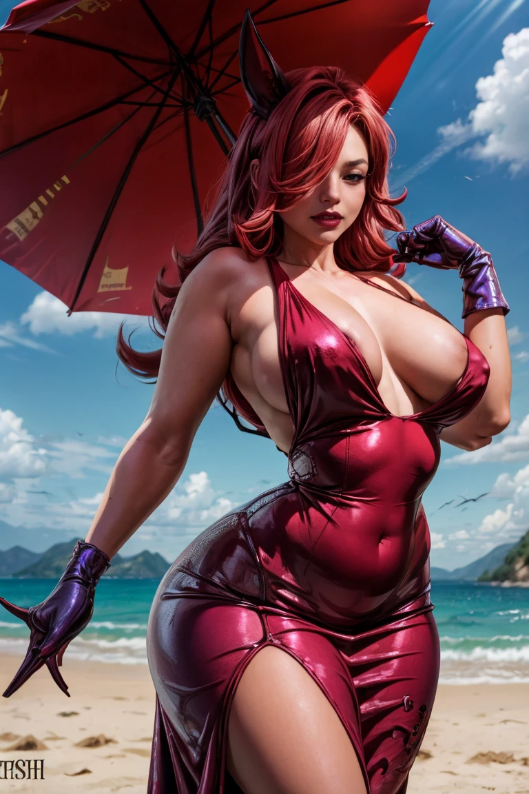 Jessica Rabbit with big in a red dress, high-cut, long purple elbow length gloves
