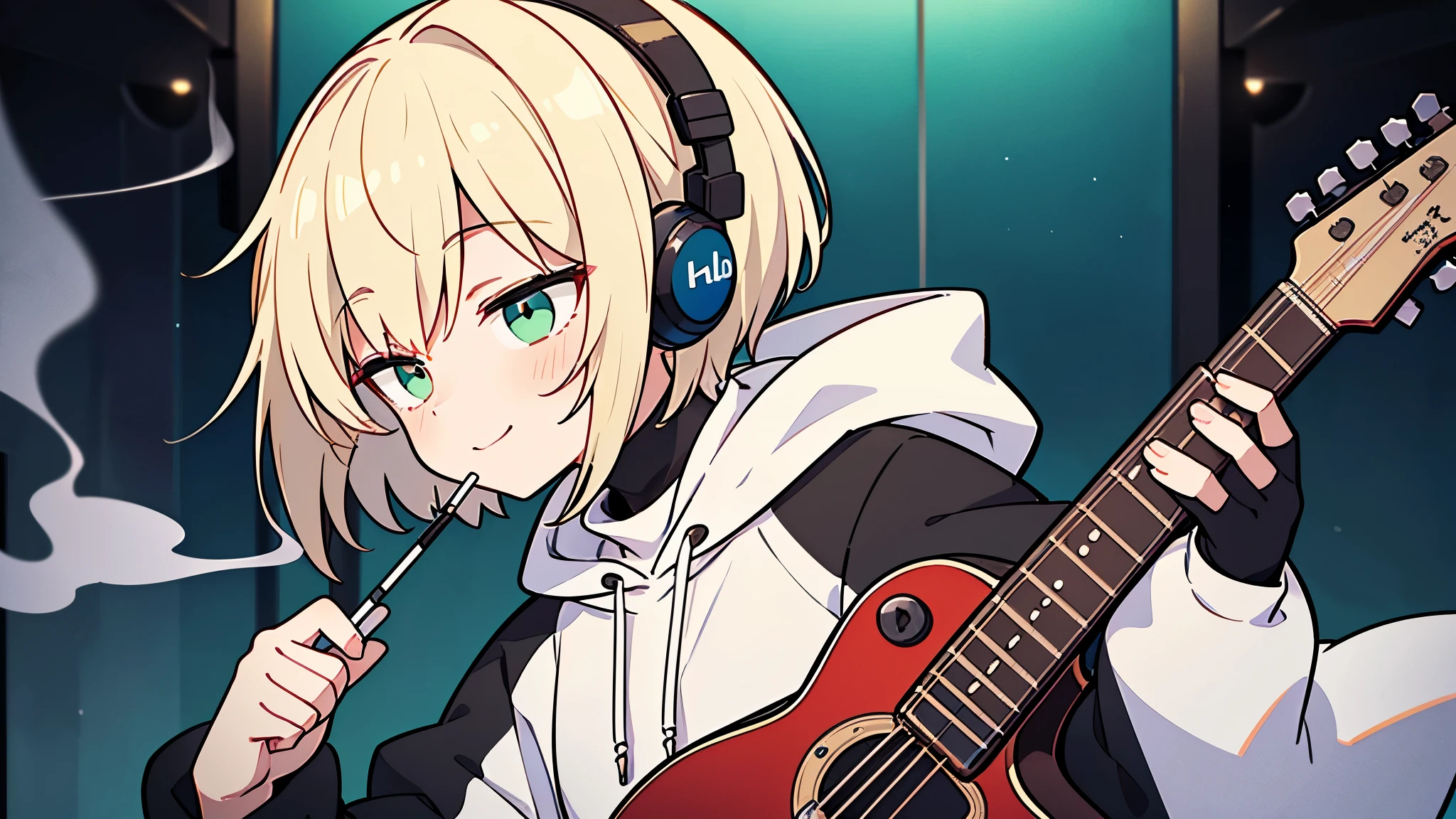 ((highest quality)), ((masterpiece)), (be familiar with), (Playing guitar in the studio)short hair、perfect face,white half-up hair,green mesh blonde、Smoke a cigarette、cool black hoodie,headphones,black gloves,turtleneck,alone,İcon、profile、Right beside、Expressionless、smile、Light-colored clothing
