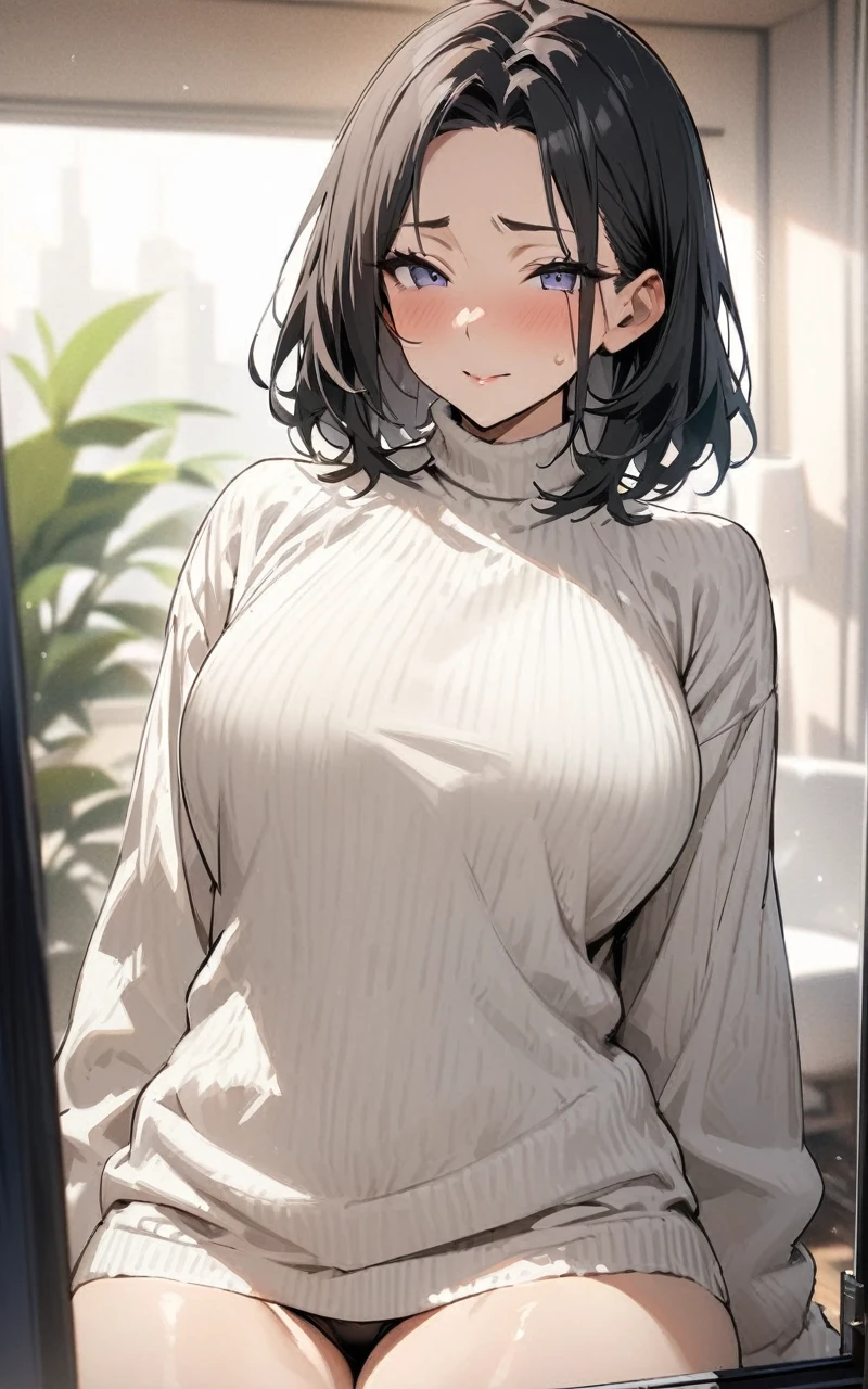 (masterpiece, Highest quality:1.2), Mature Woman、40 years old、Black medium hair、White tight sweater