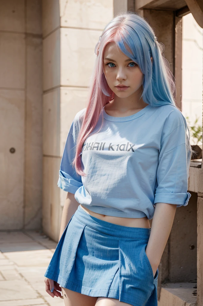 A girl with white hair and blue eyes, a girl with red hair, then a girl with pink hair, then with blue hair, wearing a shirt and skirt.