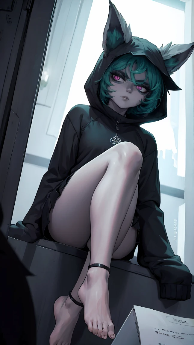 girl, large black sweatshirt, sitting posture, calm look, Sitting in front, legs open, a dark room, evil eyes, glowing skin, Looking ahead, facial expression