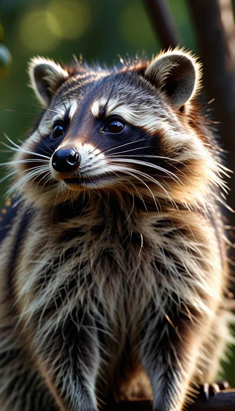 A raccoon with long hair on its head,Mysterious Creatures, shrike, (best quality,4K,8K,High level,masterpiece:1.2),Ultra Detailed,(lifelike,Photo real,Photo real:1.37),Highly detailed animals,Complex patterns,Realistic lighting,Fantasy Creatures
