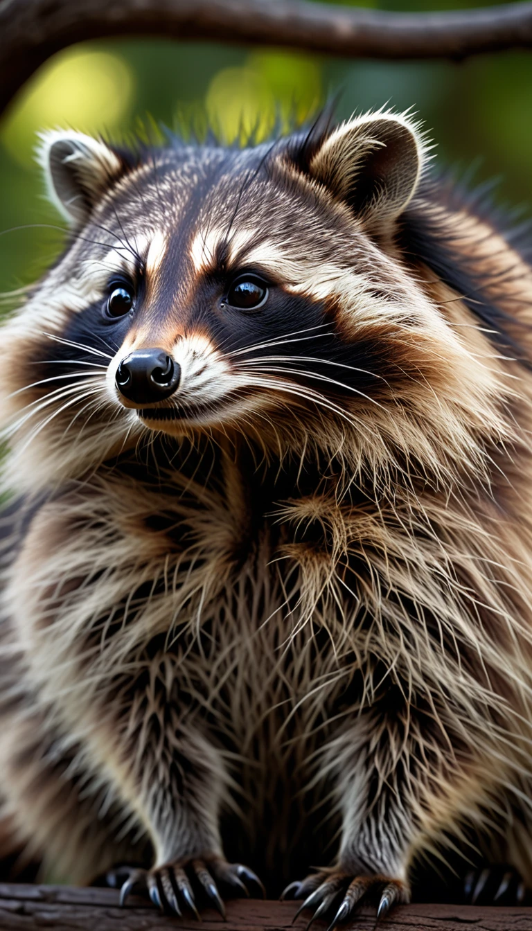 A raccoon with long hair on its head，Mysterious Creatures, shrike, (best quality，4K，8K，High level，masterpiece：1.2），Ultra Detailed，（lifelike，Photo real，Photo real：1.37），Highly detailed animals，Complex patterns，Realistic lighting，Fantasy Creatures