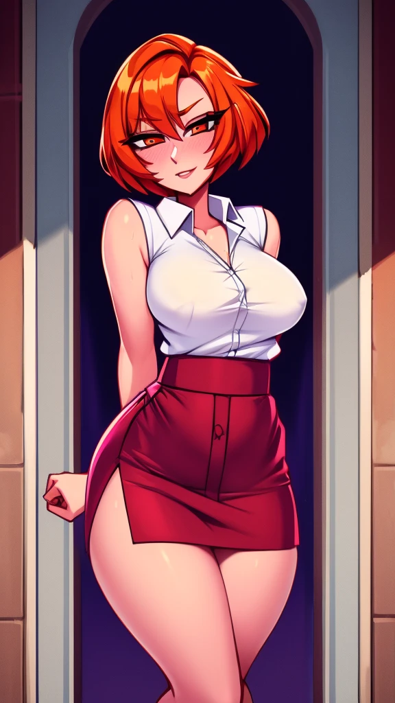 a age girl sexy attractive beautiful cool popular short orange hair disheveled cut light red lip wears long light blue button shirt sensual curves and a short purple miniskirt pair short blue socks legs white heel
