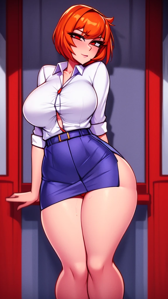 a age girl sexy attractive beautiful cool popular short orange hair disheveled cut light red lip wears long light blue button shirt sensual curves and a short purple miniskirt pair short blue socks legs white heel
