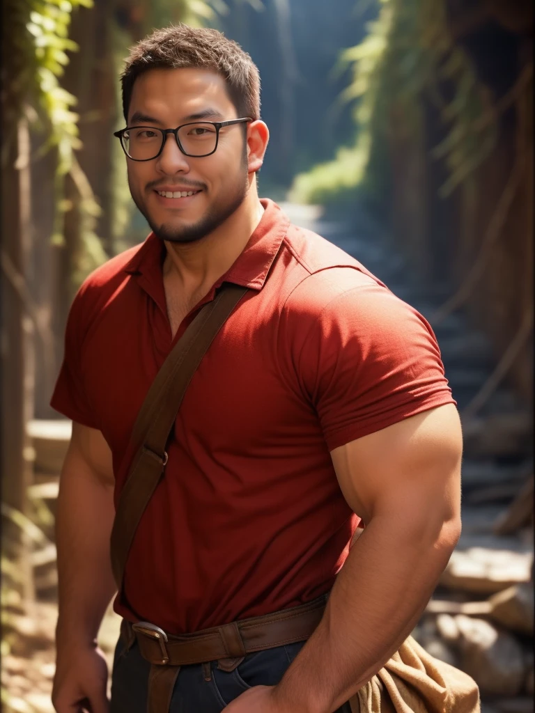 An award-winning original photo，a handsome 38-year-old man, crew cut, (((full body))), (((landscape))), mature man, [slightly fat], asian man, brown eyes, rounded face, glasses, slightly balding, 1boy, Solo, (big shoulders), (((stubbles, Short beard))), (((full beard))), (Beautiful eyes:1.3), (Detailed face:1.3), There is a pair of red wings on the back。long, sharp teeth、Dragon horns and claws。in a dungeon，Naked，Only a rag is wrapped around the crotch。Sit on the groundd，Limbs tied with chains，The expression is angry。individual