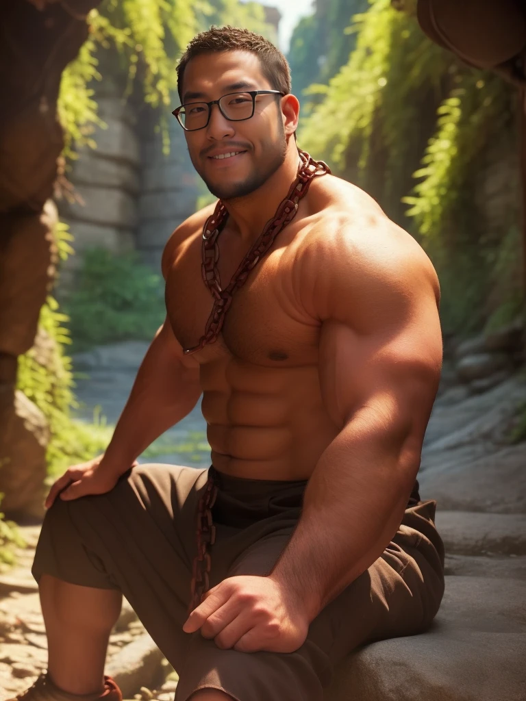 An award-winning original photo，a handsome 38-year-old man, crew cut, (((full body))), (((landscape))), mature man, [slightly fat], asian man, brown eyes, rounded face, glasses, slightly balding, 1boy, Solo, (big shoulders), (((stubbles, Short beard))), (((full beard))), (Beautiful eyes:1.3), (Detailed face:1.3), There is a pair of red wings on the back。long, sharp teeth、Dragon horns and claws。in a dungeon，Naked，Only a rag is wrapped around the crotch。Sit on the groundd，Limbs tied with chains，The expression is angry。individual