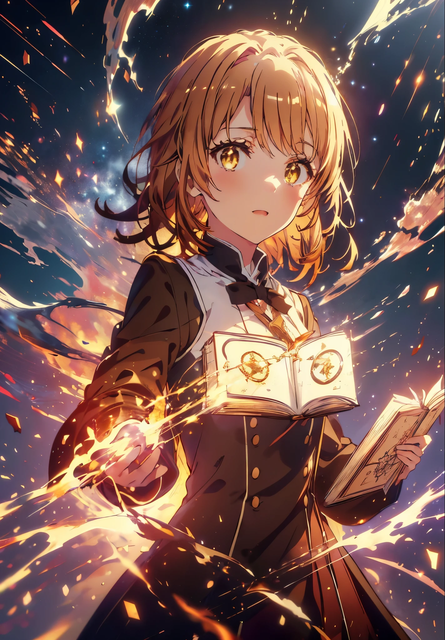 Irohaisshiki, isshiki iroha, short hair, Brown Hair, (Brown eyes:1.5), smile,((Night Sky)),((Big full moon)),((Sparkling and colorful stars)),Fluffy hair,((Idol style costume with soft volume)),Long skirt,Holding a magic book in his right hand、,Use magic with your left hand,((witch)),Rubik&#39;正方shape,
break outdoors, forest,forest
break looking at viewer,Upper Body,
break (masterpiece:1.2), Highest quality, High resolution, unity 8k wallpaper, (shape:0.8), (Narrow and beautiful eyes:1.6), Highly detailed face, Perfect lighting, Extremely detailed CG, (Perfect hands, Perfect Anatomy),