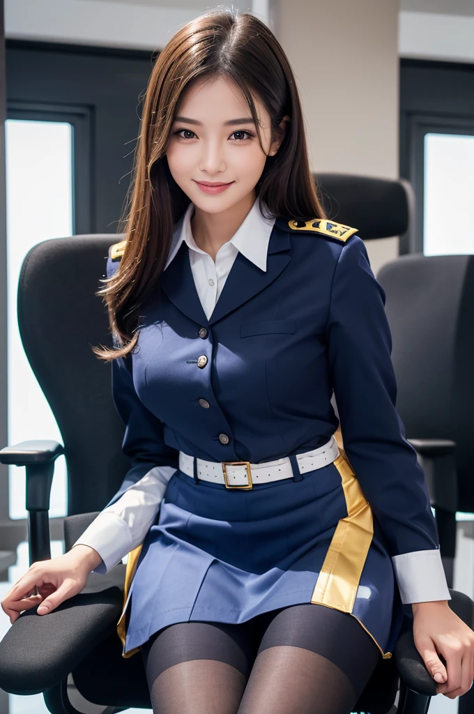 (Highest Resolution, clear_image) 、(Beautiful girl with golden ratio face)、wonderful, Tabletop, Attention to detail, Lip gloss、Very cute girl、 alone, Beautiful girl like a model、smile、Woman in uniform, Tight Skirt、Police uniform, board member, Wearing a uniform and sitting on a chair、conference room, Blue Uniform, Bobby、security guard、Black Pantyhose
