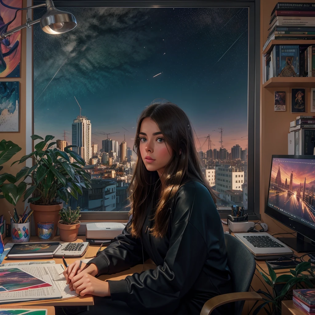 a woman sitting at a desk in front of a computer, alena aenami and artgerm, alena aenami and android jones, art of alena aenami, alena aenami and lilia alvarado, artistic. alena aenami, style of alena aenami, trending art station, artgerm and atey ghailan