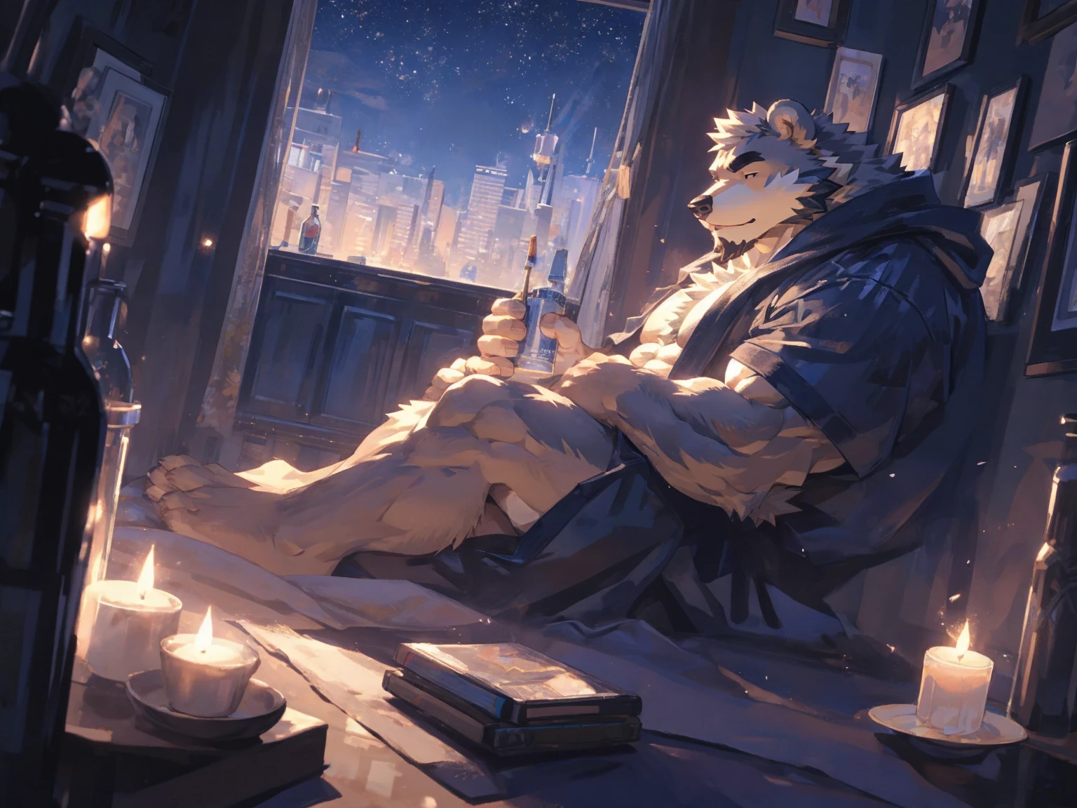 (masterpiece:1.2), best quality,pixiv,official art,perfect anatomy, (Ray tracing, light),solo, (1_male:1.3) , (muscle), (grey fur:1.4), (muscle bear), (beard:1.2), (gleaming golden eyes), bear tail, Thick black eyebrows,(black bathrobe), (naked inside), jeans, barefoot, A skyline at night, with twinkling stars and a bright Milky Way. character is sleeping in the bed with a blanket