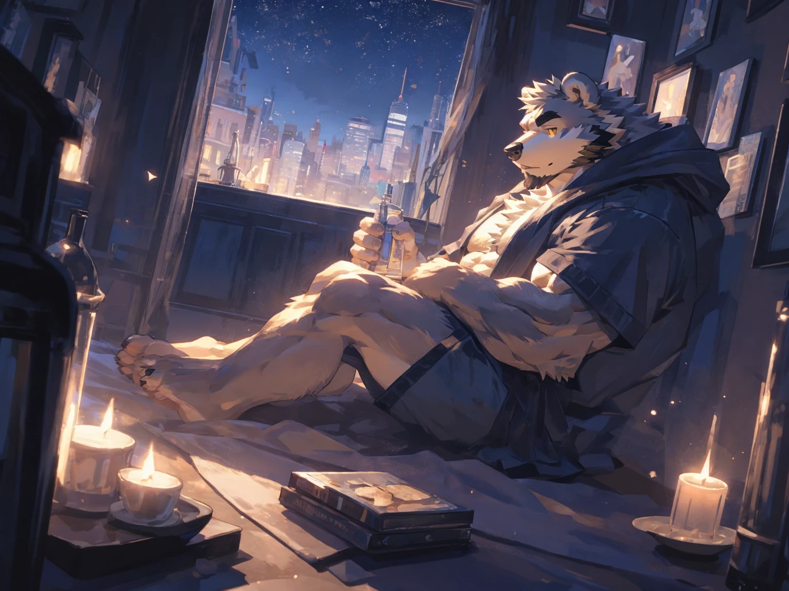 (masterpiece:1.2), best quality,pixiv,official art,perfect anatomy, (Ray tracing, light),solo, (1_male:1.3) , (muscle), (grey fur:1.4), (muscle bear), (beard:1.2), (gleaming golden eyes), bear tail, Thick black eyebrows,(black bathrobe), (naked inside), jeans, barefoot, A skyline at night, with twinkling stars and a bright Milky Way. character is sleeping in the bed with a blanket